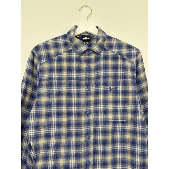 Under Armour Women’s Medium Flannel Snap Shirt Blue Plaid Outdoor Cabin Logo - Picture 2 of 15